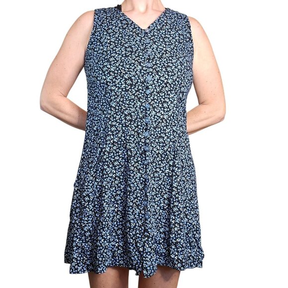 VTG 90 Dark Floral Mini Shirt Dress Black Blue Sleeveless Sz 8 Whimsigoth Grunge - Picture 2 of 10